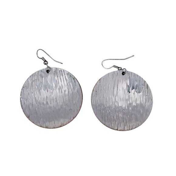 Silver Tone Vintage Textured Round Metal Disk Dangle Earrings - Picture 1 of 3